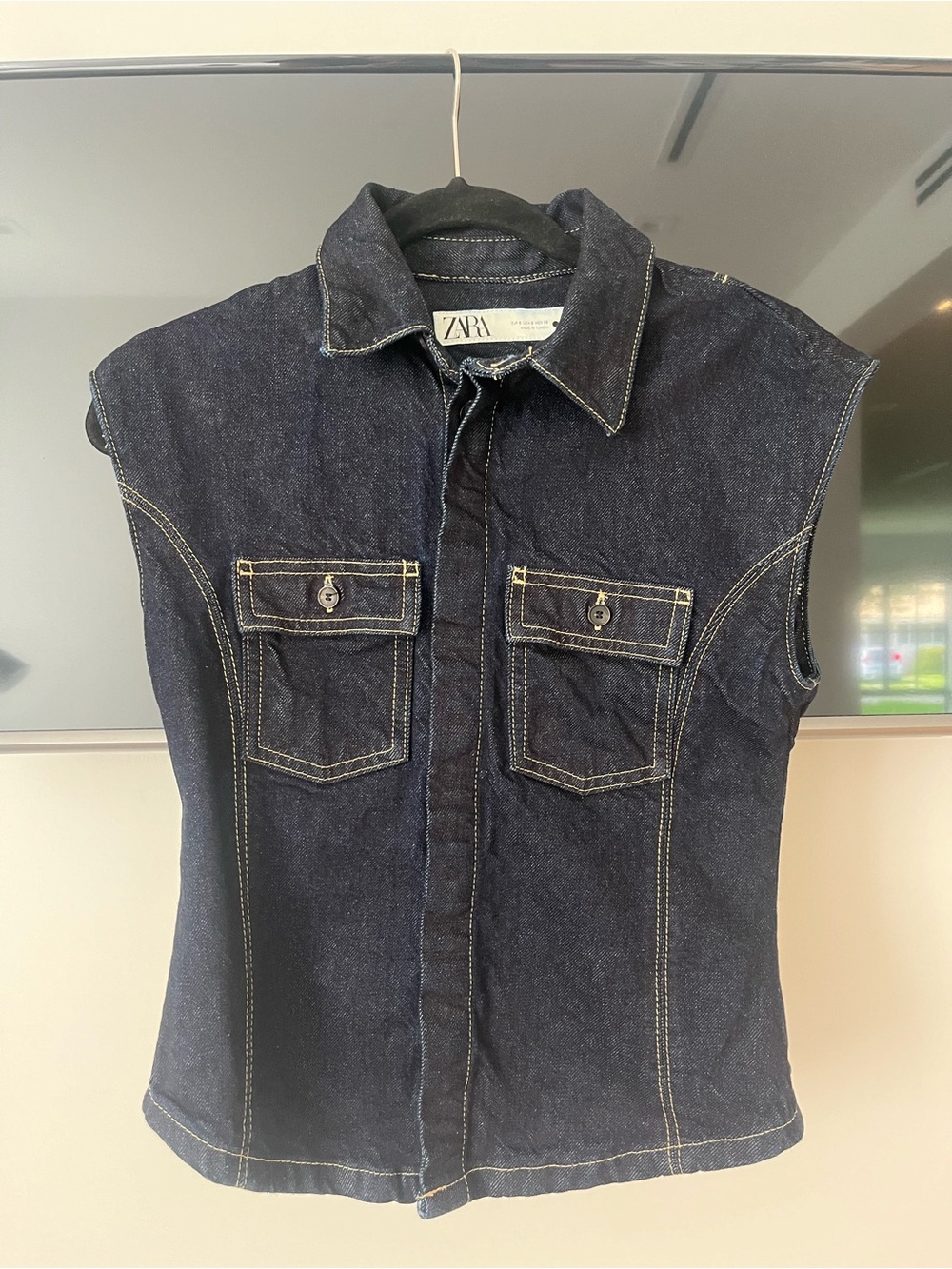 ZARA Dark Blue Denim Top with Contrast Stitching